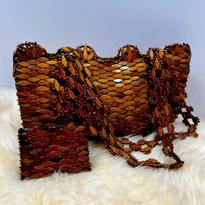 Vintage Woodly Rare Lacquered Wood Beaded Shoulder Bag & Wood Beaded Coin Pouch